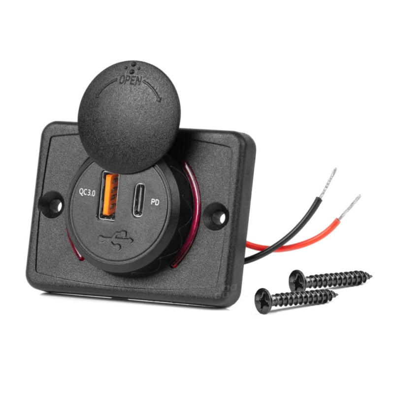 Încărcător de telefon impermeabil de formă pătrată cu iluminare din spate cu LED roșu, USB + USB C QC3.0 12/24V ATA3252