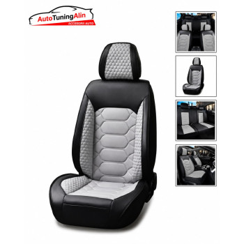 Huse scaun universale, piele ecologica, negru cu gri,fata-spate