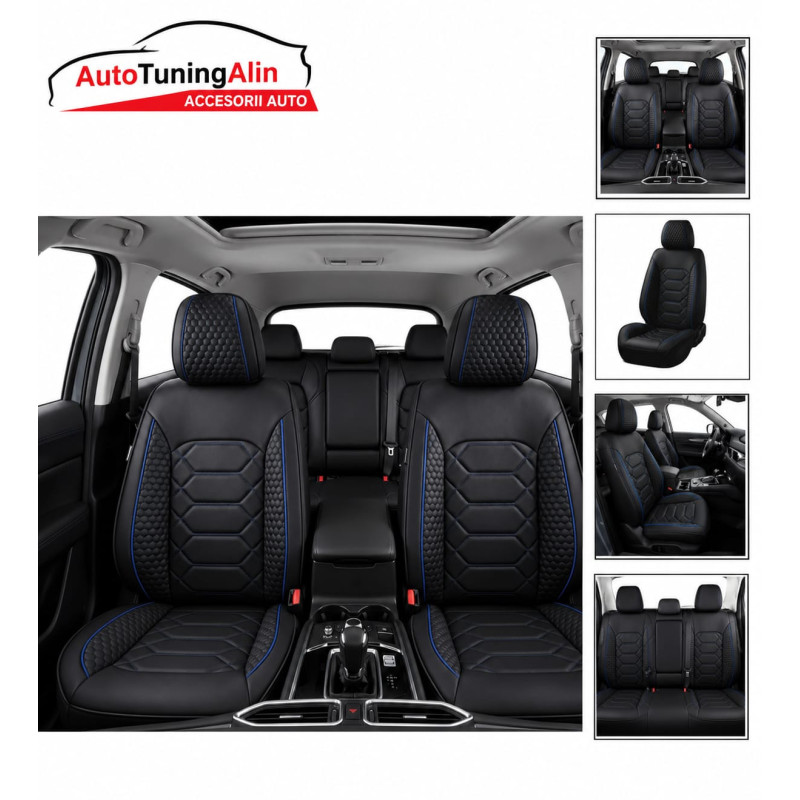 Set Huse Scaune Auto Universale  -material textil negru cu dunga albastra,fata -spate|Alin Auto Tuning