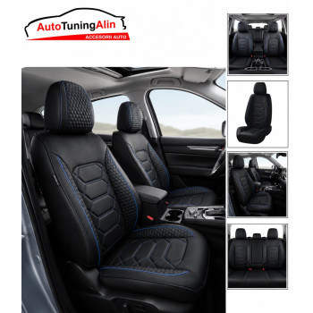 Set Huse Scaune Auto Universale  -material textil negru cu dunga albastra,fata -spate|Alin Auto Tuning