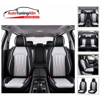 Set huse scaune auto universale,piele ecologica premium, gri cu negru, fata-spate|Auto Tuning Alin