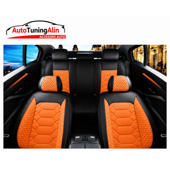 Set huse scaune auto universale, piele ecologica negru cu portocaliu, fata-spate|Auto Tuning Alin