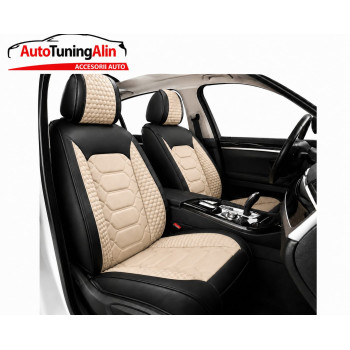 Set huse scaune auto universale, piele ecologica negru cu crem, fata-spate|Auto Tuning Alin
