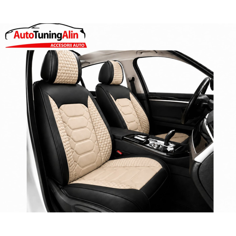 Set huse scaune auto universale, piele ecologica negru cu crem, fata-spate|Auto Tuning Alin