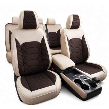 Set huse scaune auto universale,crem cu maro , material textil, Fata-spate|Auto Tuning Alin