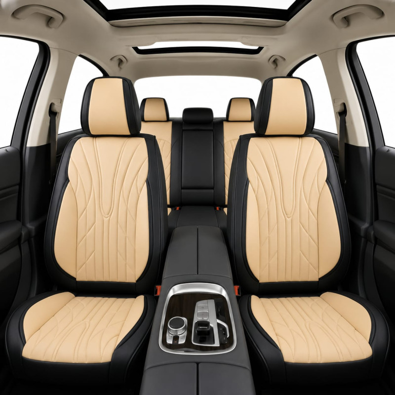 Set huse scaune Auto universale, piele ecologica premium, negru cu crem |Auto Tuning Alin