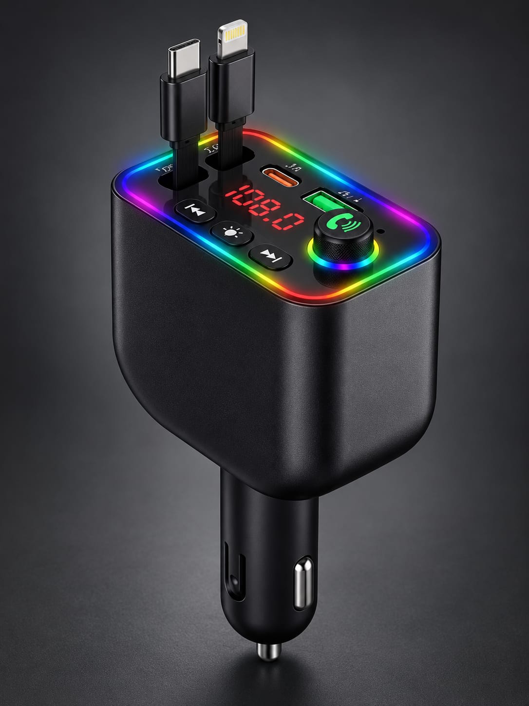 Modulator FM auto CAR-Y4, încărcător 4 în 1, 120W, cabluri retractabile USB-C și Lightning, LED RGB