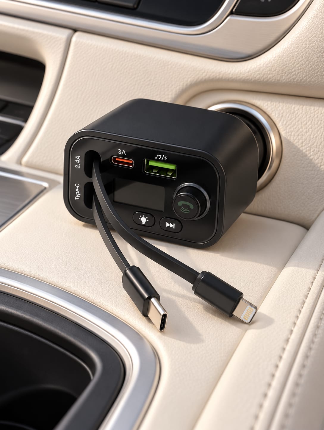 Modulator FM auto CAR-Y4, încărcător 4 în 1, 120W, cabluri retractabile USB-C și Lightning, LED RGB