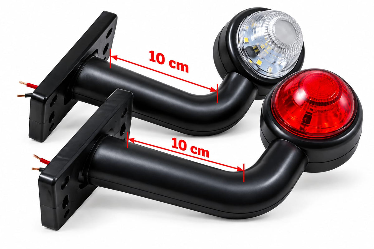 Set 2 lămpi laterale de gabarit LED, roșu-alb, 12-24V, cu braț curbat  de 10 cm și suport de fixare