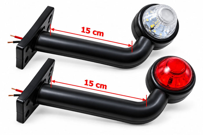 Set 2 lămpi laterale de gabarit LED, roșu-alb,12- 24V, cu braț curbat de 15 cm  și suport de fixare