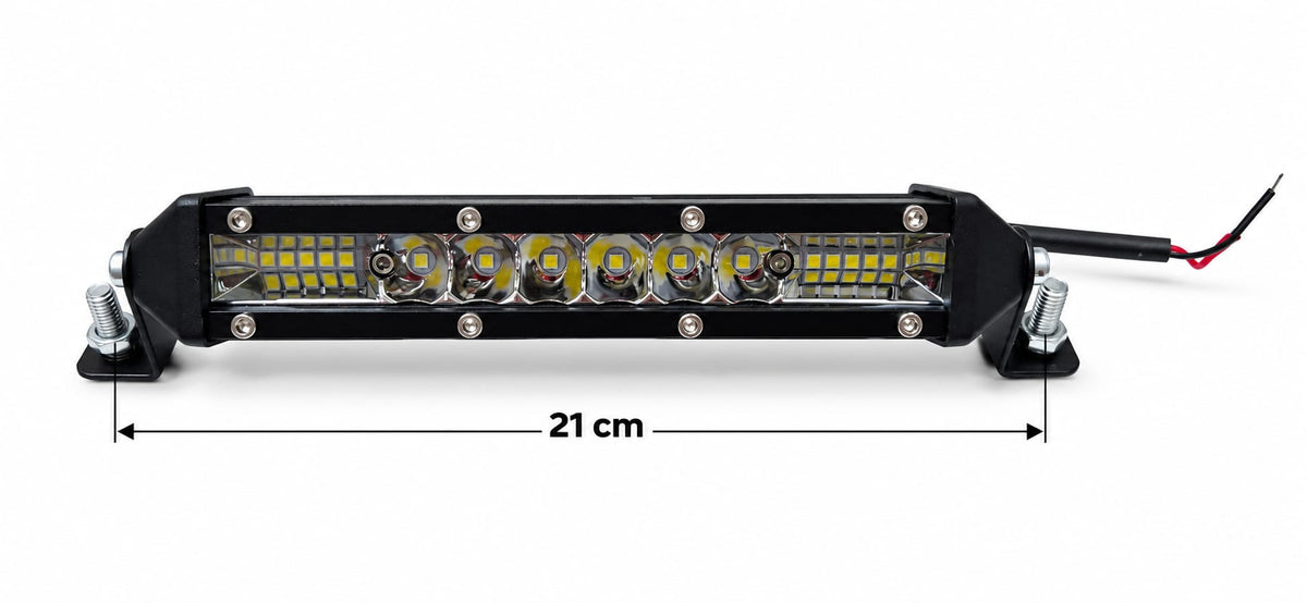 Proiector Bară LED slim cu 6 reflectoare centrale și LED-uri laterale – 21 cm între șuruburi