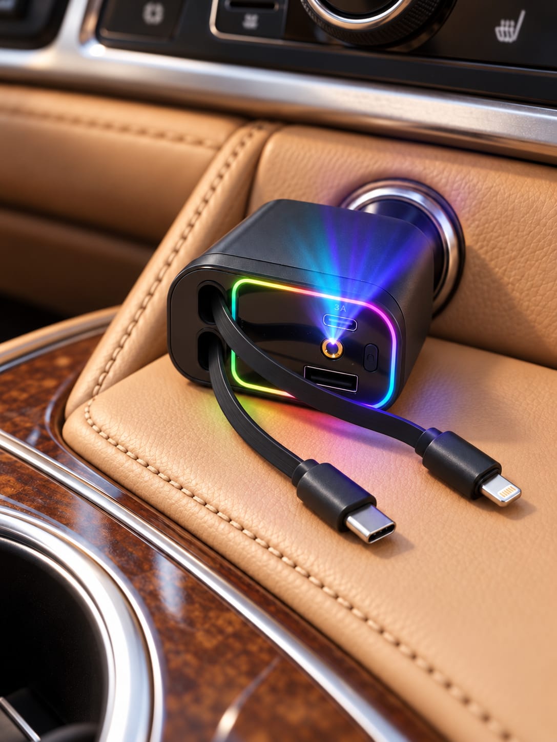 Încărcător auto 4 în 1 A29, 120W, cu cabluri retractabile USB-C și Lightning, iluminare RGB și proiector Starry Sky