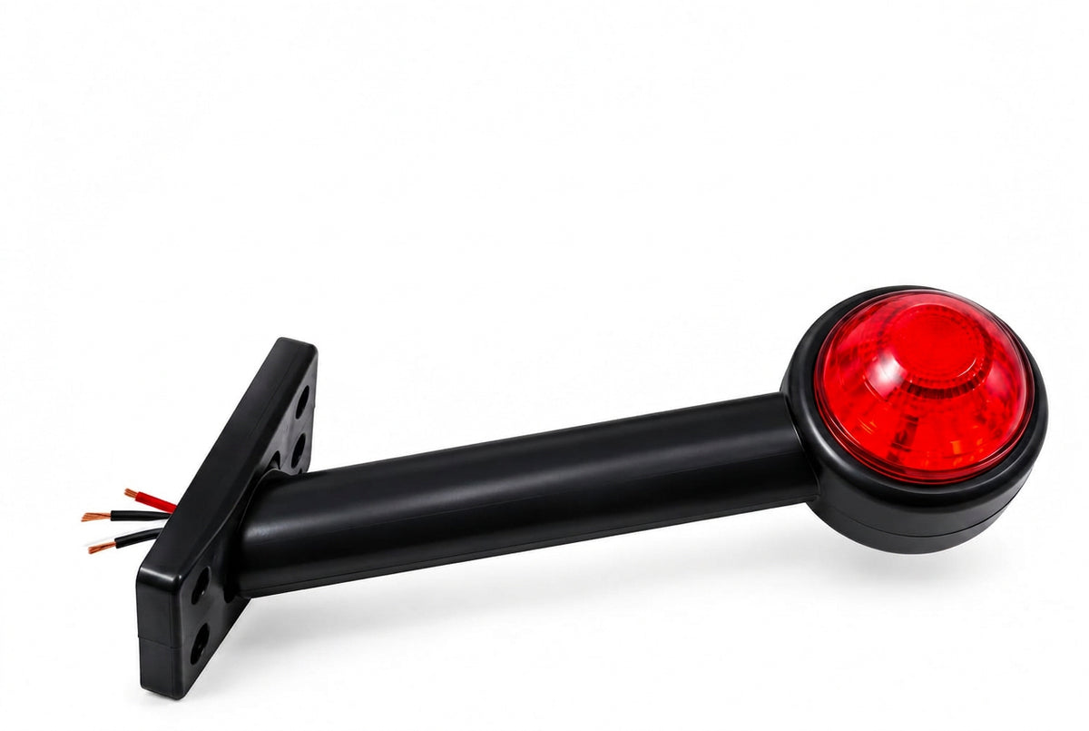 Lampa laterala stânga de gabarit LED, roșu-alb, 24V, cu braț drept 10 cm și suport de fixare