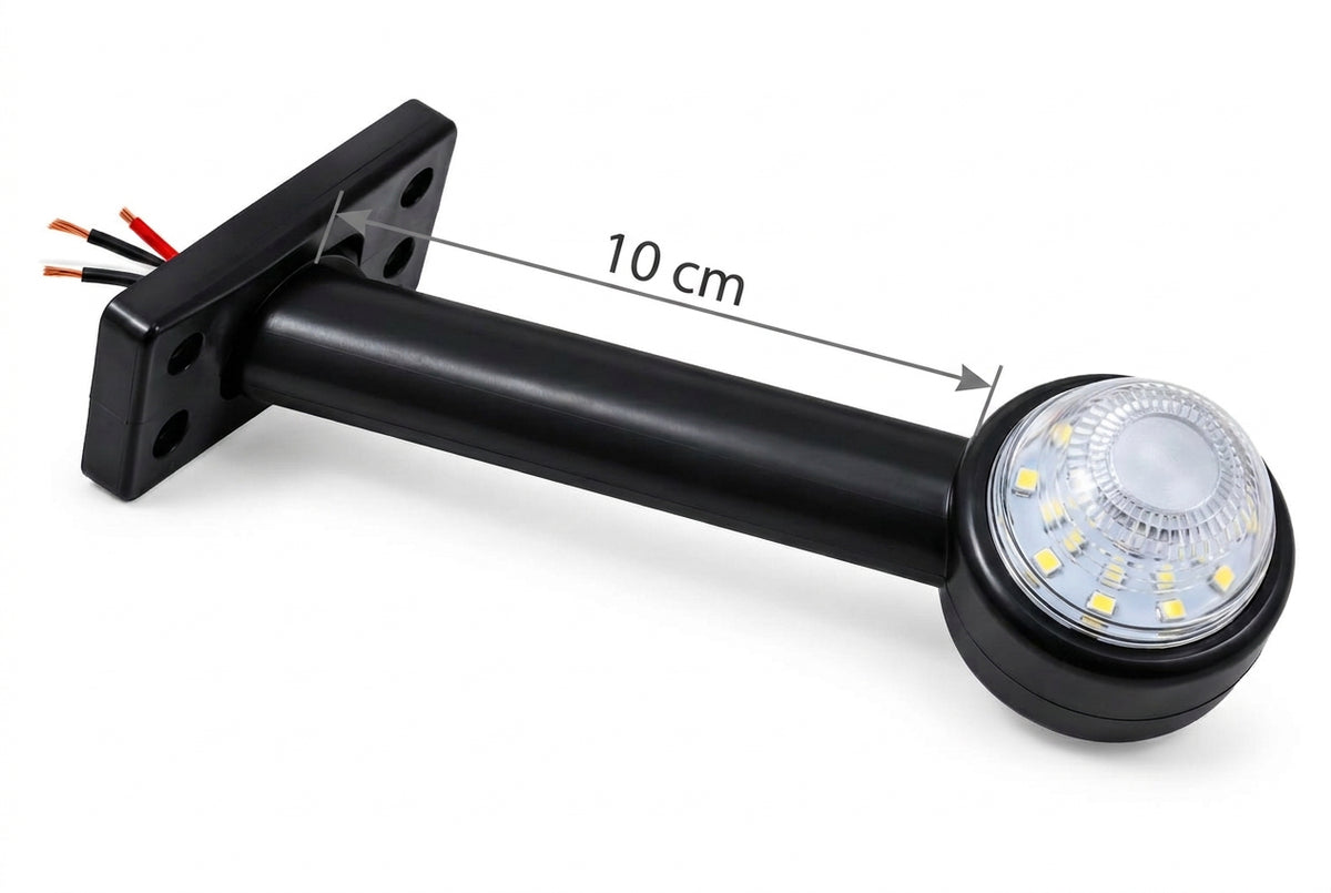 Lampa laterala stânga de gabarit LED, roșu-alb, 24V, cu braț drept 10 cm și suport de fixare