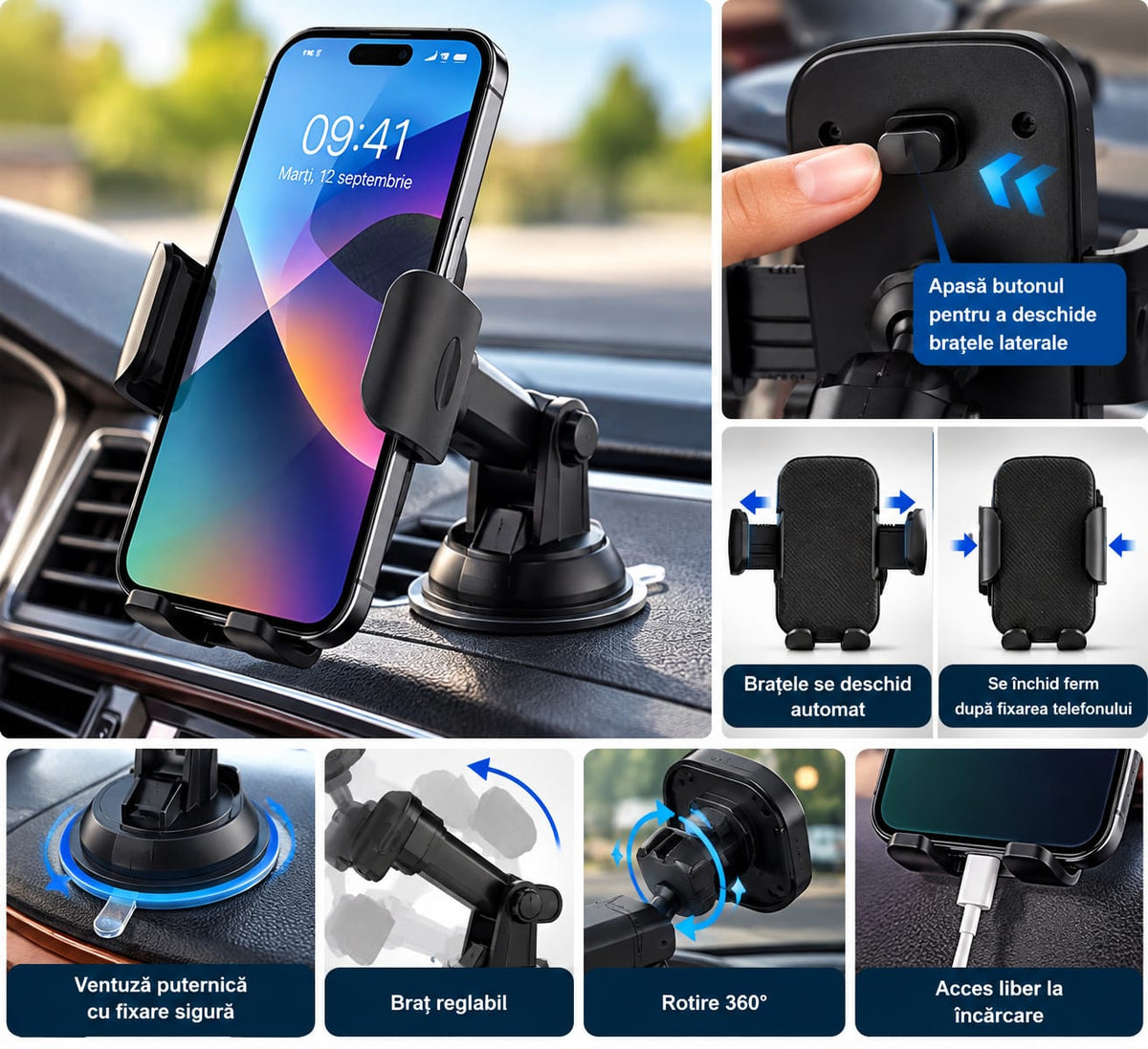 Suport telefon auto cu ventuză, braț reglabil și buton de deschidere rapidă – Negru
