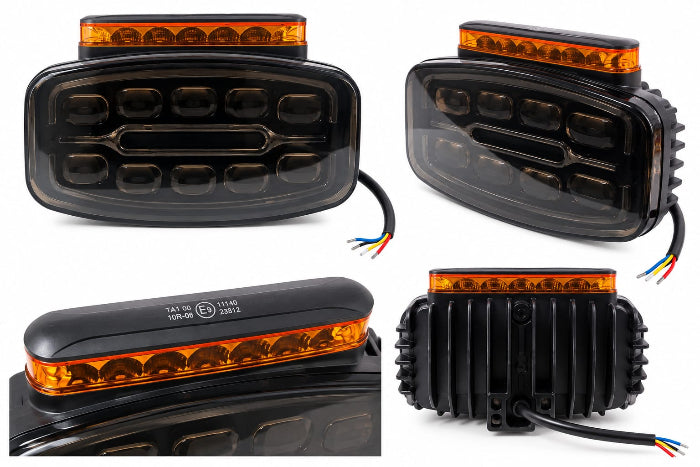Proiector LED Auto Multifuncțional cu Lumină Albă și Girofar Portocaliu – Lentilă Fumurie