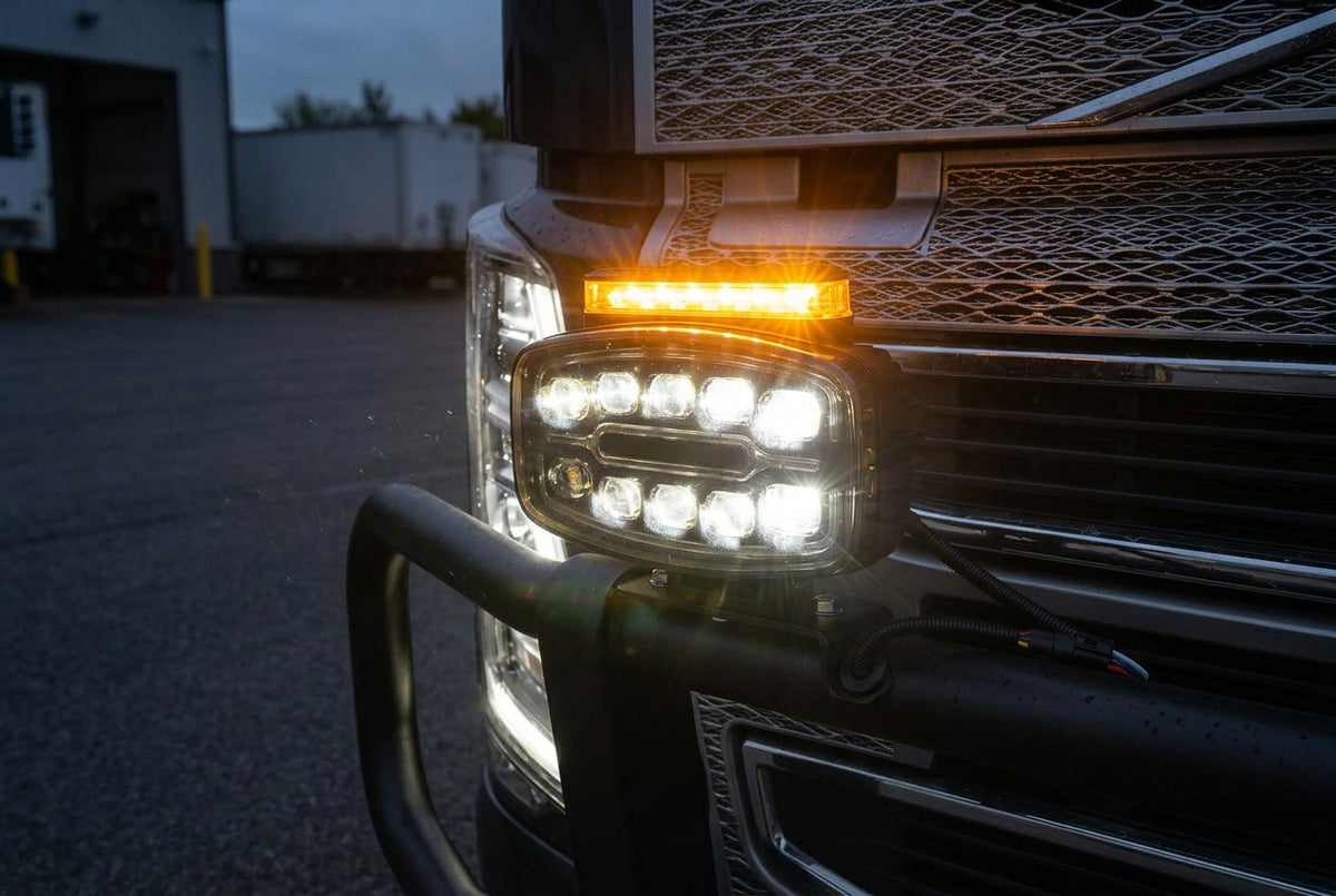 Proiector LED Auto Multifuncțional cu Lumină Albă și Girofar Portocaliu – Lentilă Fumurie