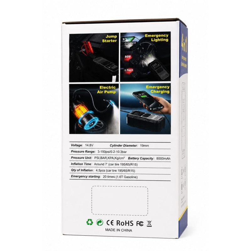 Compresor Auto Portabil cu Jump Starter 4 în 1 RCHANG 8000mAh, 150 PSI, 12V–14.8V, Lanternă LED și Power Bank