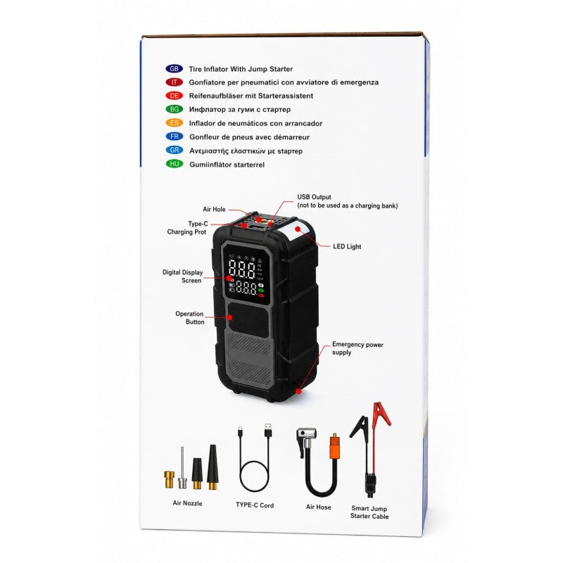 Compresor Auto Portabil cu Jump Starter 4 în 1 RCHANG 8000mAh, 150 PSI, 12V–14.8V, Lanternă LED și Power Bank