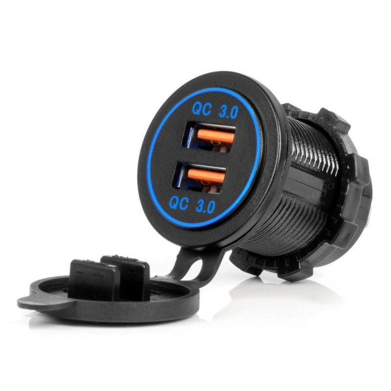 Incarcator de telefon impermeabil cu iluminare LED albastra 2xUSB QC3.0 12/24V ATA3251