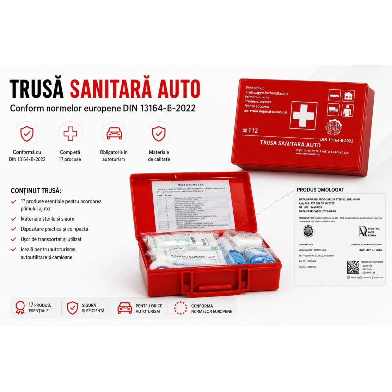 Kit siguranta auto obligatoriu cu Trusa de Prim Ajutor +Stingator Spray 1000Ml +2 triunghiuri +Vesta+Geanta transport