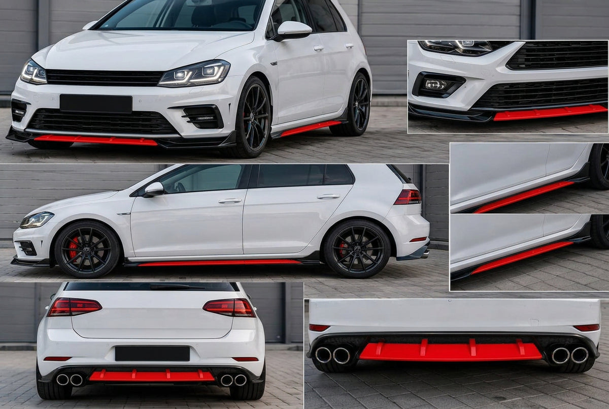 Pachet Tuning Exterior Aero Universal, prelungire bara fata,prelungire praguri laterale si difuzor negru cu Rosu