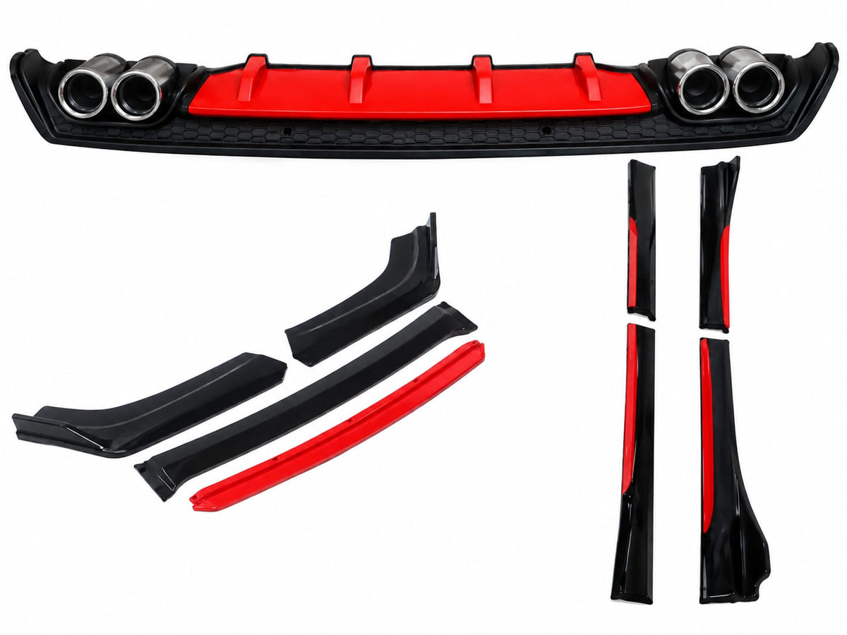 Pachet Tuning Exterior Aero Universal, prelungire bara fata,prelungire praguri laterale si difuzor negru cu Rosu