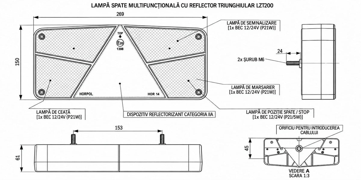 Set 2 lămpi spate multifuncționale HORPOL LZT, stânga + dreapta, 12/24V, cu reflector triunghiular