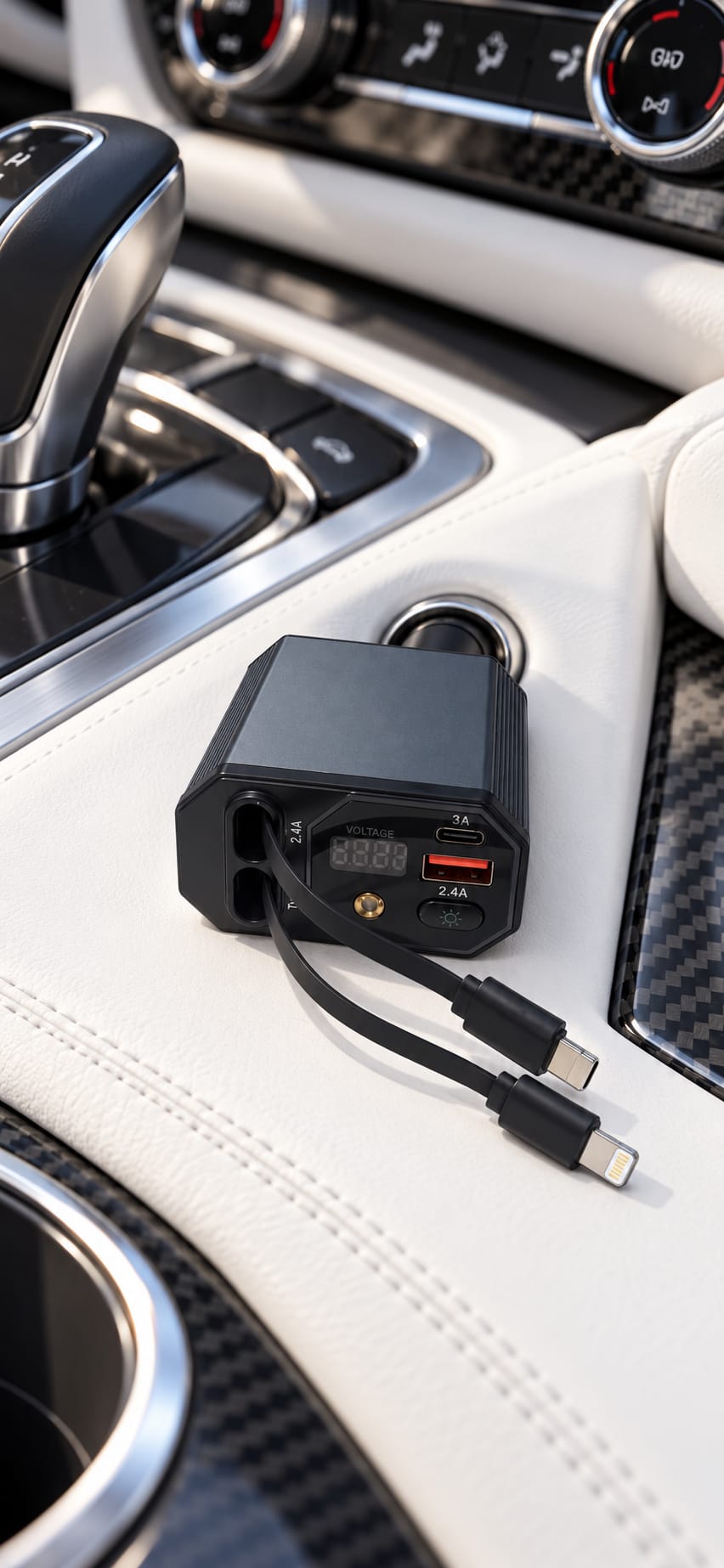 Încărcător auto 4 în 1, 66W, cu cabluri retractabile USB-C și Lightning, laser inclus si afișaj digital, 12–24V