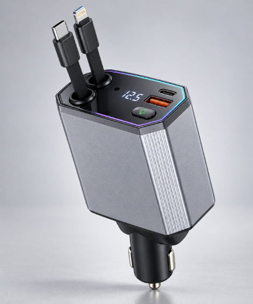 Încărcător auto 4 în 1, 66W, cu cabluri retractabile USB-C și Lightning, laser inclus si afișaj digital, 12–24V