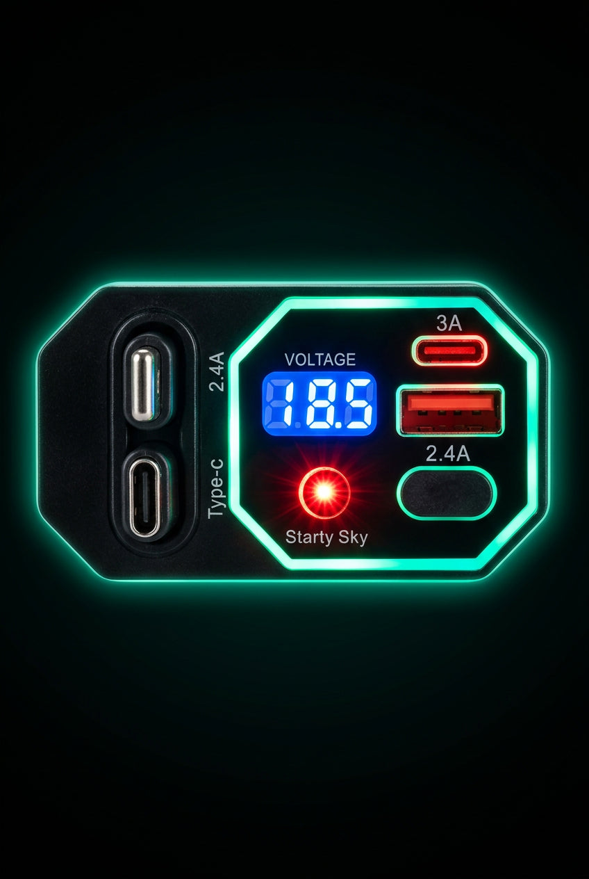 Încărcător auto 4 în 1, 66W, cu cabluri retractabile USB-C și Lightning, laser inclus si afișaj digital, 12–24V