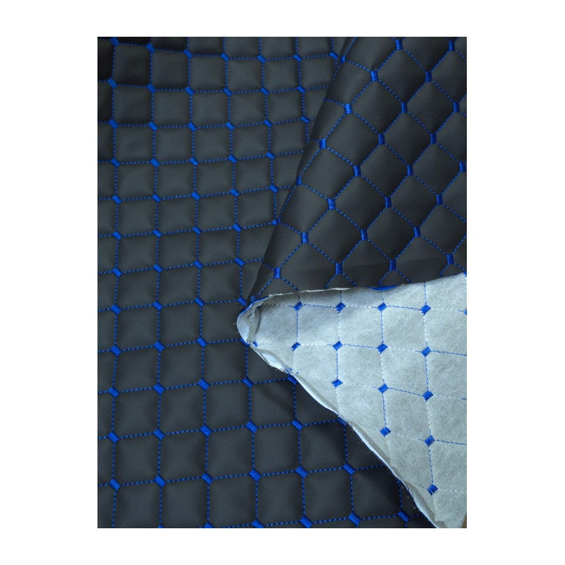 Piele ecologica neagra cu romburi si cusatura albastra pentru tapiterie auto