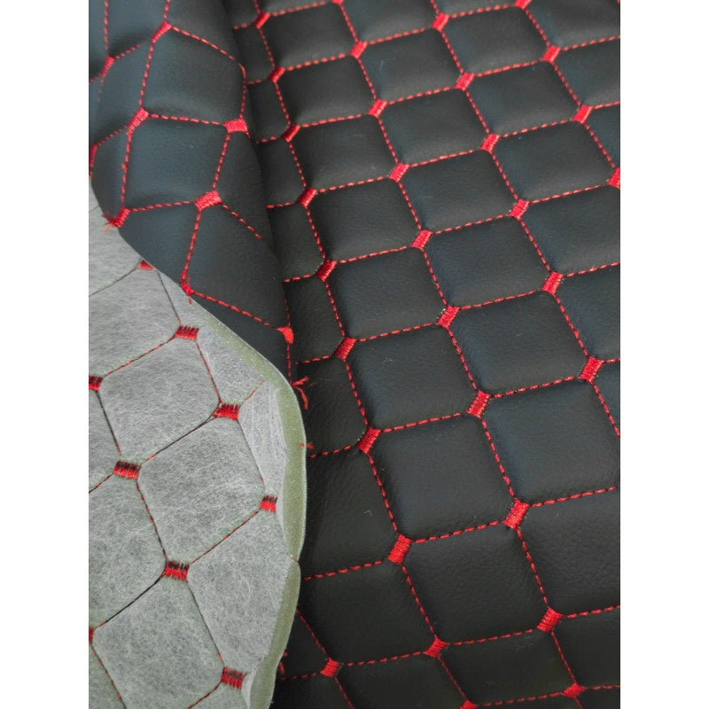 Piele ecologica neagra cu romburi si cusatura rosie pentru tapiterie auto