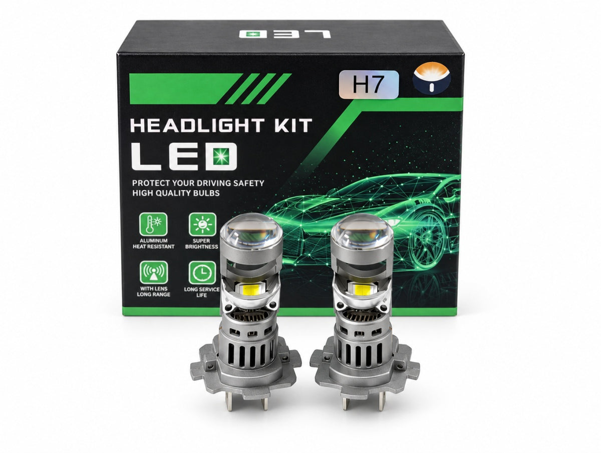 Set 2 becuri LED H7 cu lentila convexa,6000K, plug&Play, carcasa din aluminiu