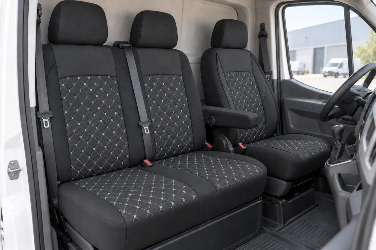 SET HUSE AUTO 2+1 MATERIAL TEXTIL- PENTRU SCAUN INDIVIDUAL SI BANCHETA DE DOUA LOCURI,NEAGRA CU CUSATURI GRI