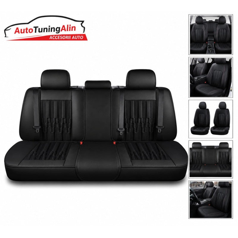 Set huse auto universale Premium din Piele Ecologica neagra cu cusatura rosie