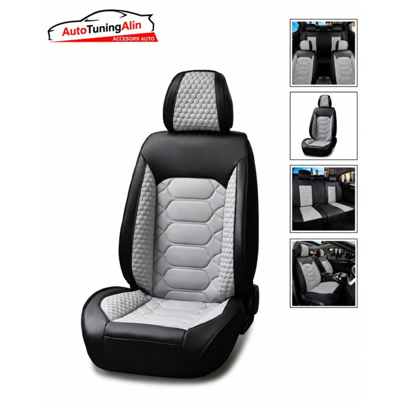 Set huse scaun universale din piele ecologica negru cu gri ,set complet fata-spate