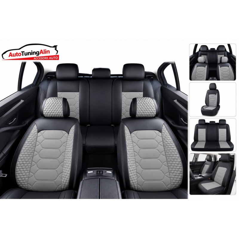 Set huse scaun universale din piele ecologica negru cu gri ,set complet fata-spate