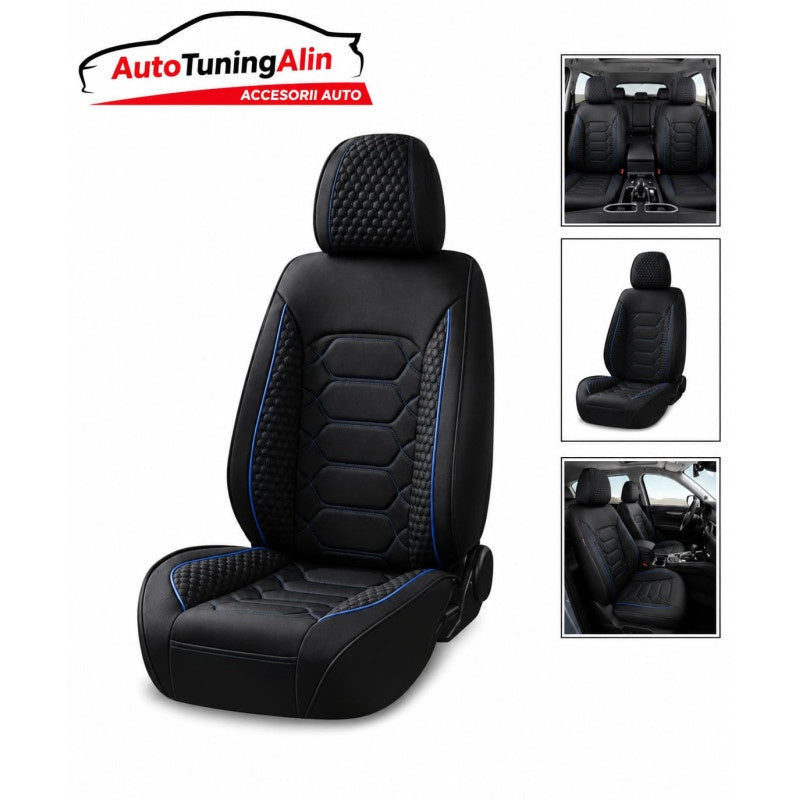 Set Huse Scaune Auto Universale -material textil negru cu dunga albastra,fata -spate