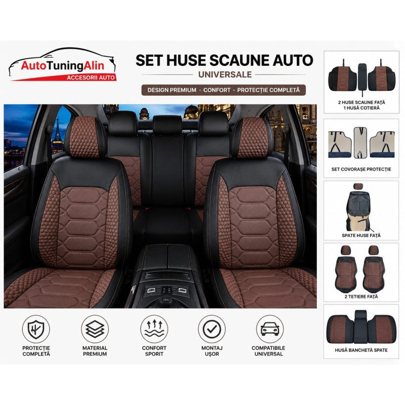 Set huse scaune auto universale,piele ecologica negru cu maro, fata-spate