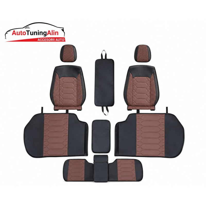 Set huse scaune auto universale,piele ecologica negru cu maro, fata-spate