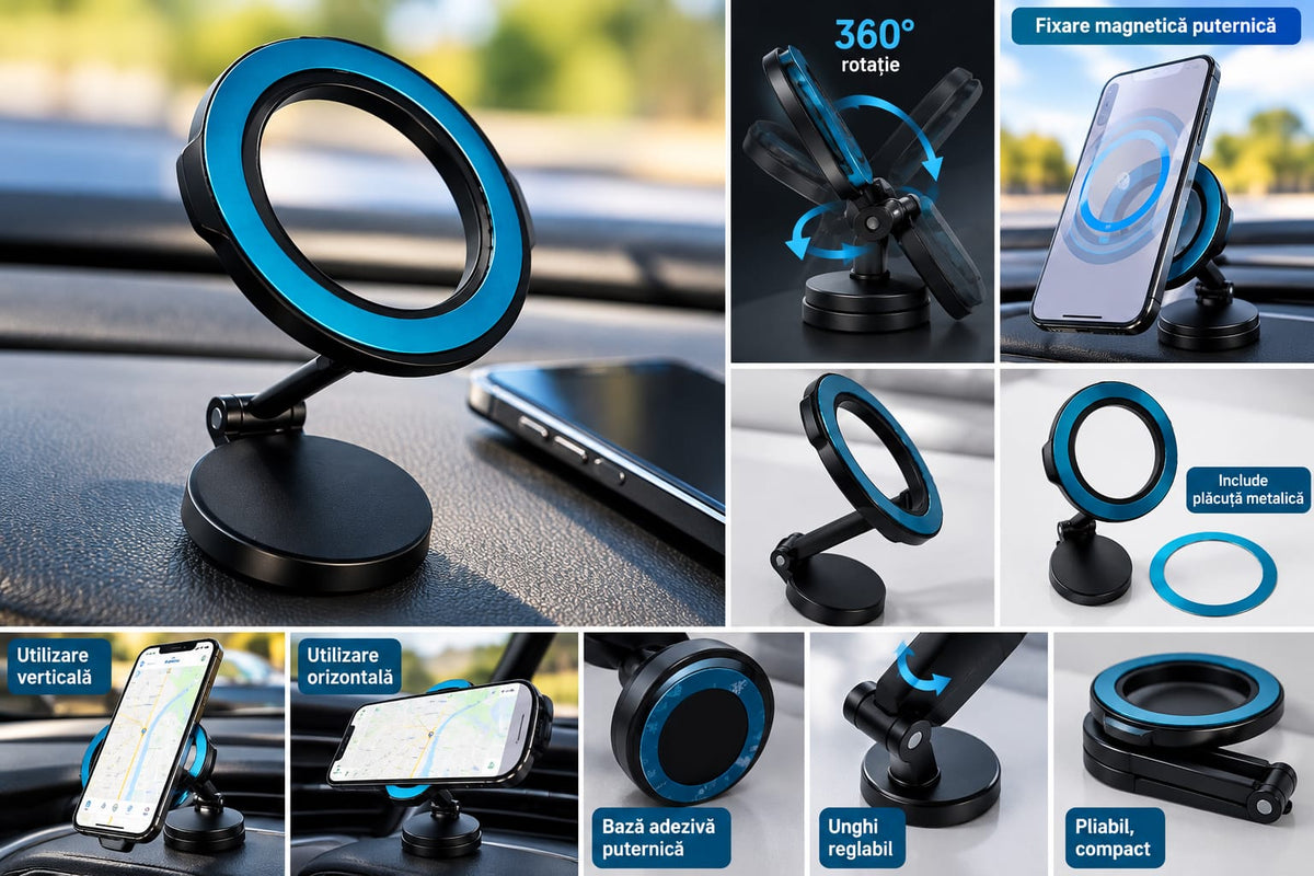 Suport telefon auto magnetic, pliabil, cu rotație 1080°, fixare pe bord – Negru